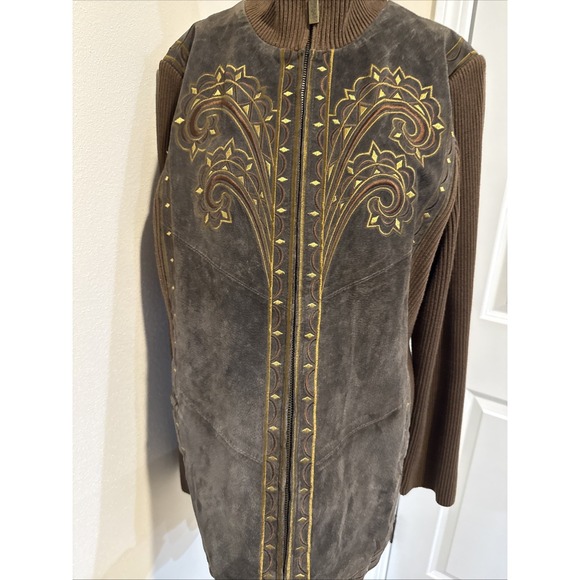 Bob Mackie Jacket Wearable Art Lrg Brown Leather/Knit Western Embroidered Zip - Picture 12 of 14